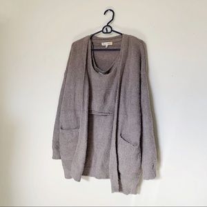 Hazel Moon grey fuzzy long sleeve cardigan sweater and tank top crop top set